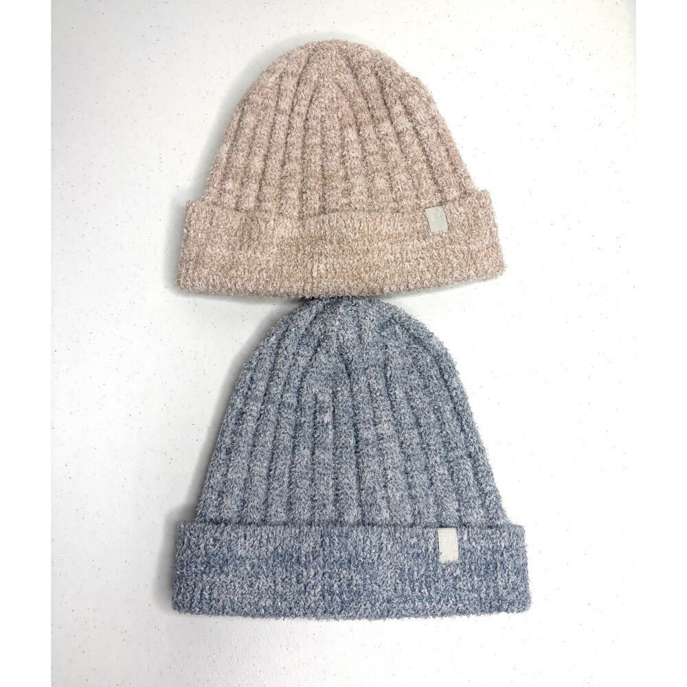 Softies Chunky Rib Marshmallow Beanie Cap lot of 2 Blue Beige Cozy Cabincore - Picture 2 of 7